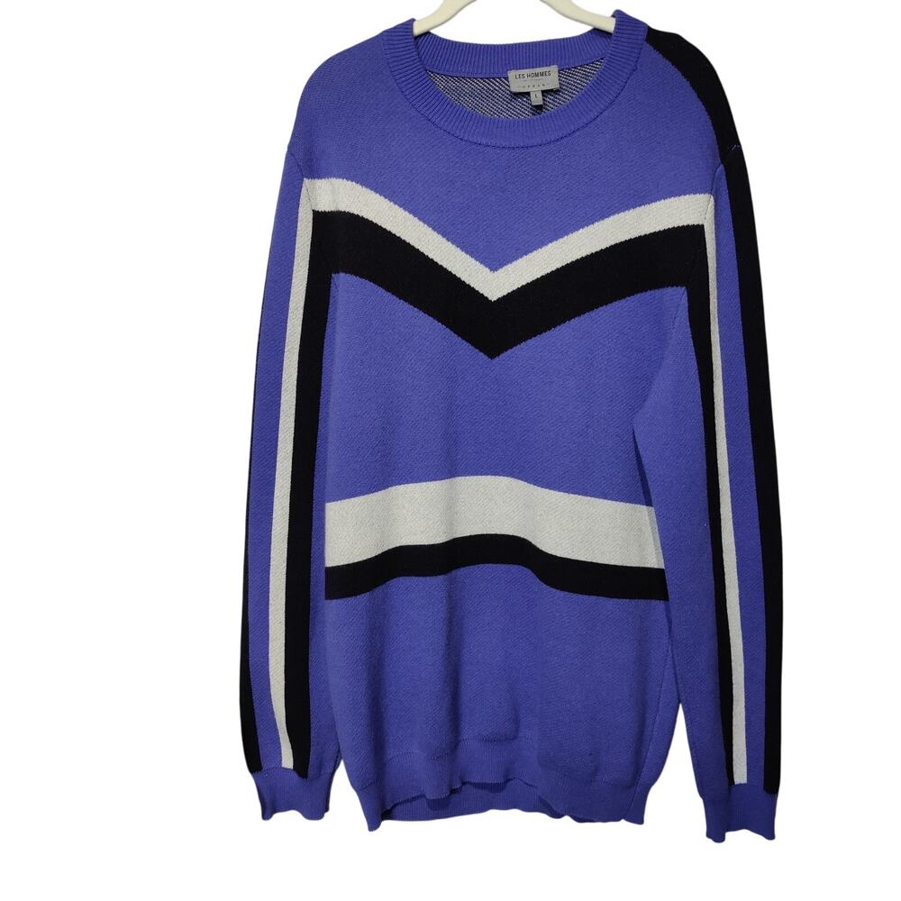 Les Hommes Men's Sz L Blue Retro Ski Stripe Pullover Sweater Crewneck